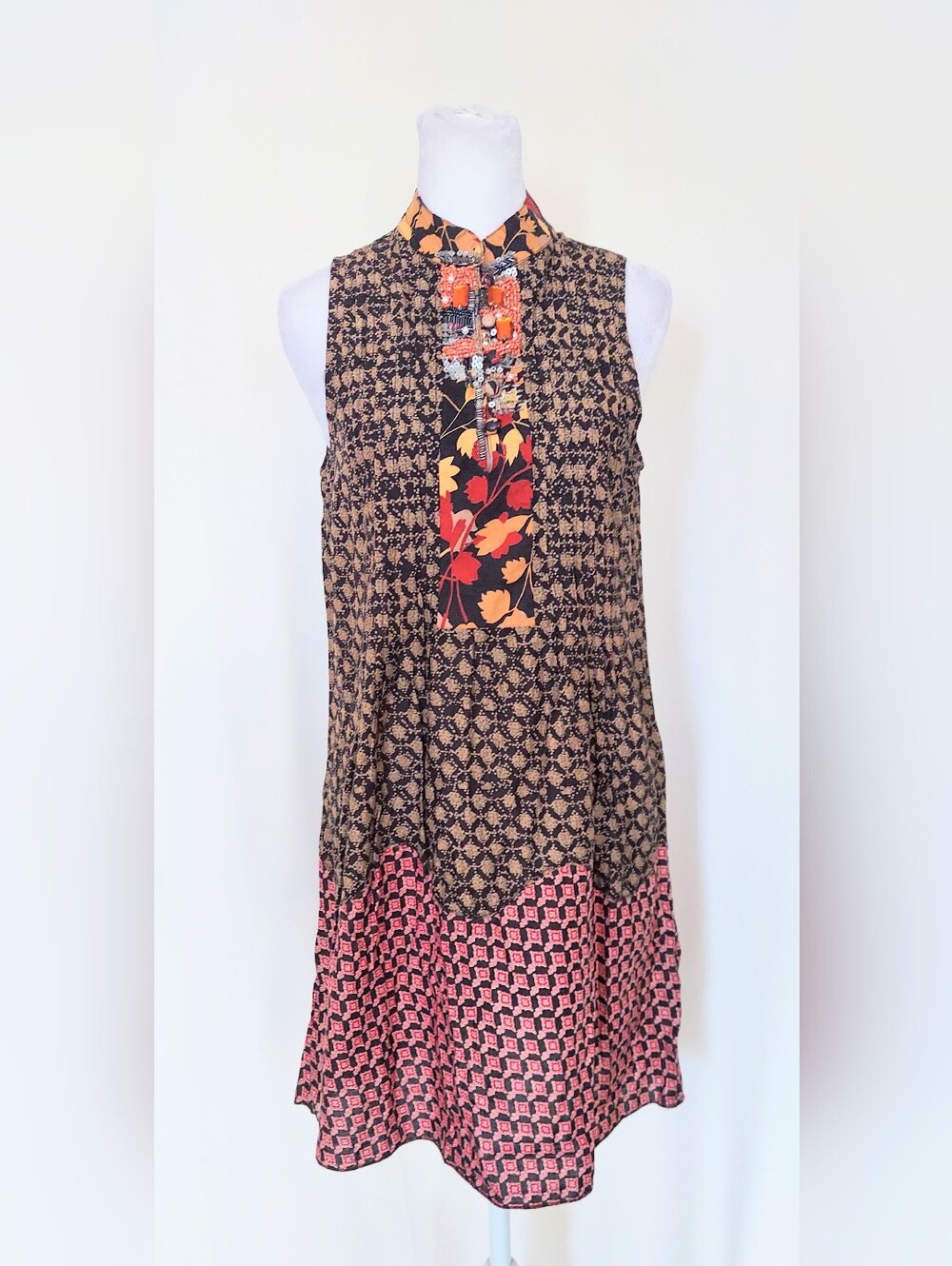 DIMRI Pleated Mixed Print Beaded Neck 100% Cotton Dress Size Small